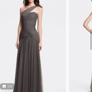 Monique Lhuillier Slate One-Shoulder Draped Tulle Gown Size 4 NWT $398